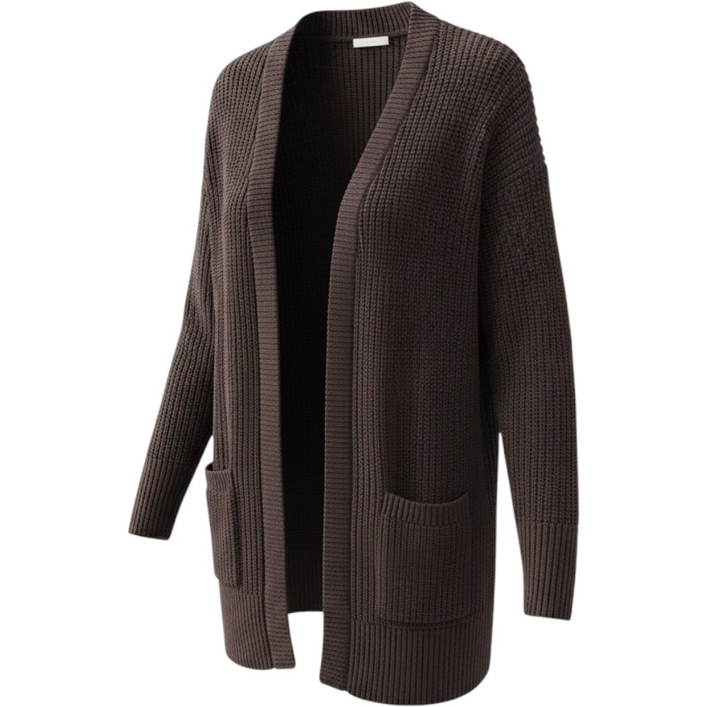 Womens Dark Brown Chunky Waffle Knit Open Front Cardigan Sweater Pockets